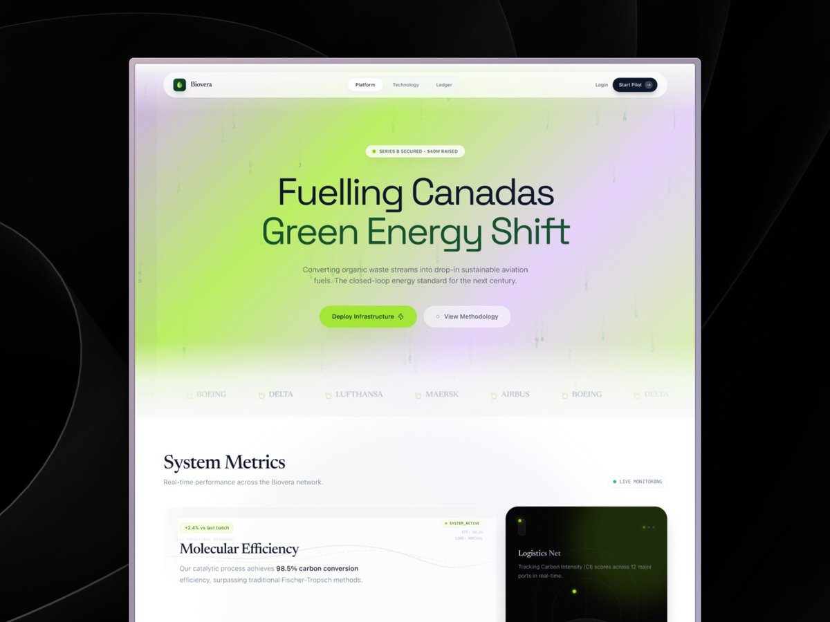 opalwavedigital's tweet photo. Built BIOVERA — a green energy concept focused on sustainable aviation fuel &amp; closed-loop energy systems in Canada 🇨🇦⚡

Modern interface. Structured architecture. Scalable foundation.

Startups don’t just need design — they need digital infrastructure.

@figma @webflow https://t.co/PJ3cfjnAUc