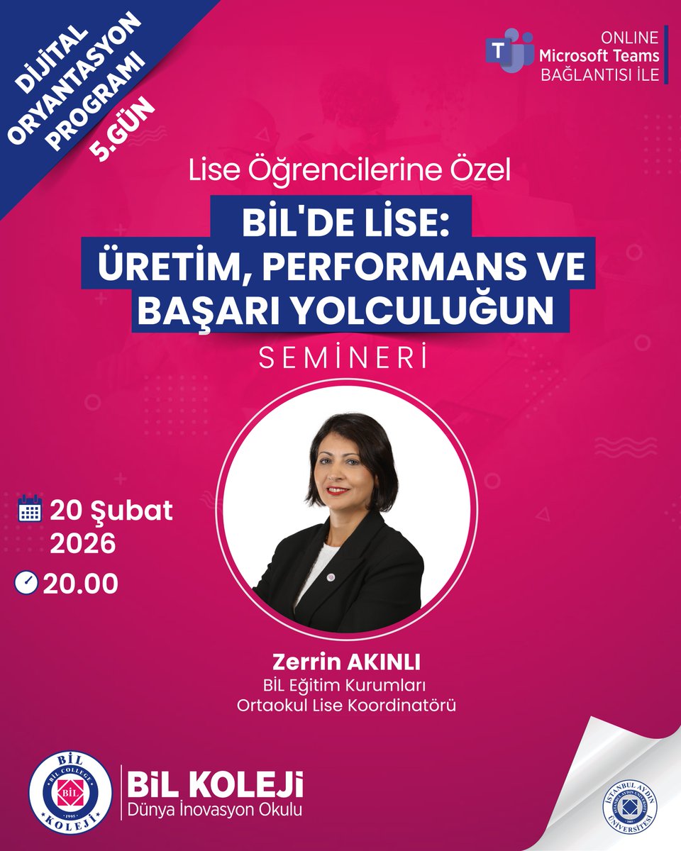 2026-2027 eğitim öğretim döneminde bizimle ilk kez tanışacak Ortaokul Öğrencilerimiz için Ortaokul Lise Koordinatörü Zerrin Akınlı ile birlikte 20 Şubat Cuma günü “BİL'de Lise: Üretim, Performans ve Başarı Yolculuğun” semineri yapılacaktır.