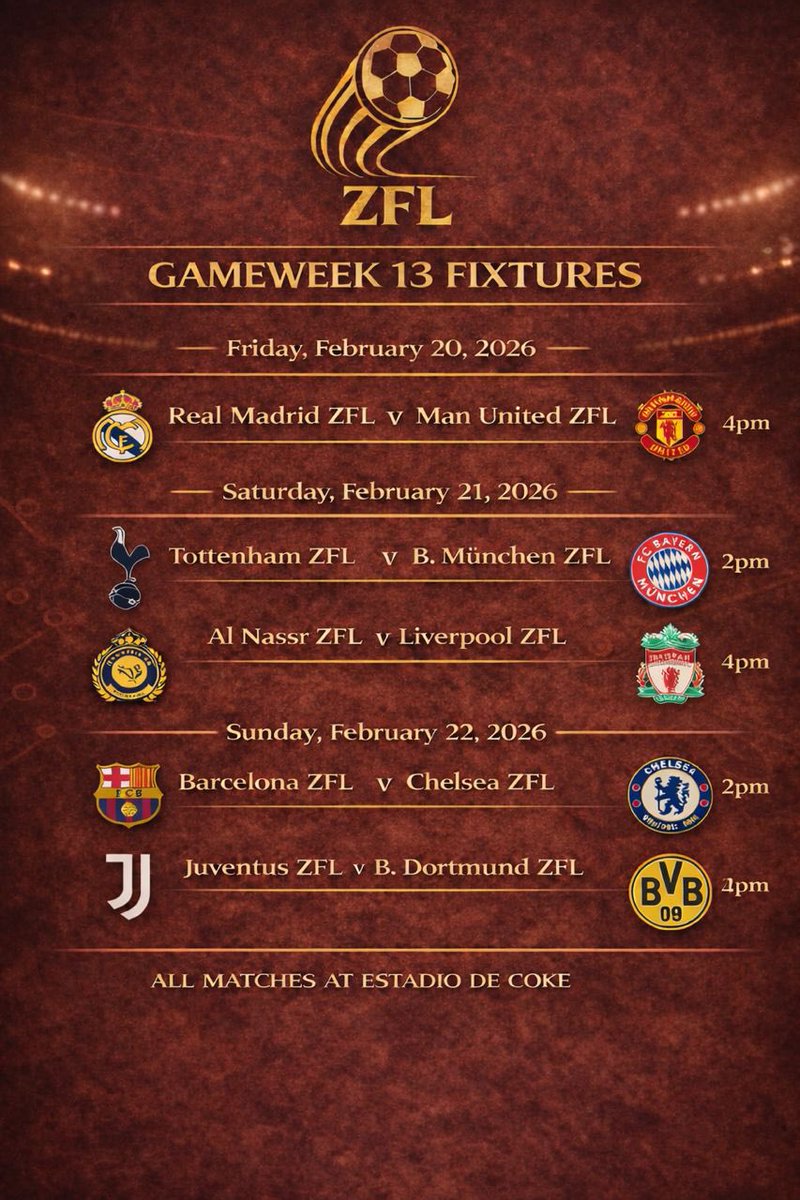 1st vs 2nd. Madrid, 26 pts, vs Man United, 25 pts. Winner goes top.

Al Nassr, 18 pts, face Liverpool, 7 pts.

Bayern, 18 pts, vs Spurs, 16 pts, top four clash.

Chelsea, 17 pts, meet Barca

Juventus vs Dortmund, both battling the drop.

Title race. Top four fight. Survival mode.