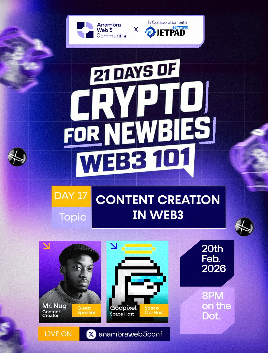 DAY 17 – 21 DAYS OF CRYPTO FOR NEWBIES (Web3 101)

📌 Topic: Content Creators in Web3
Learn how to build an audience, tell great stories, and create content that connects in the Web3 space.
🎙 Speaker: <a href="/mrnugx/">Mr. NUG</a> 
🎤 Co-host: <a href="/GODPIXELthereal/">Godpixel (godpixel.base.eth)</a> 

⏰ Time: 8:00 PM
 Set your reminder &amp;