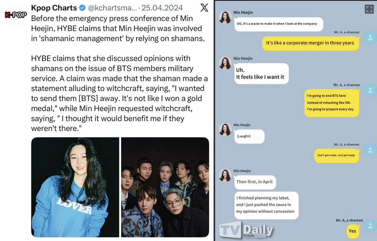 min heejin is doing this on purpose. bts comeback is very close, and bts is the flagship of hybe. don't forget that she was talking to 🧙 about how she could destroy bts.