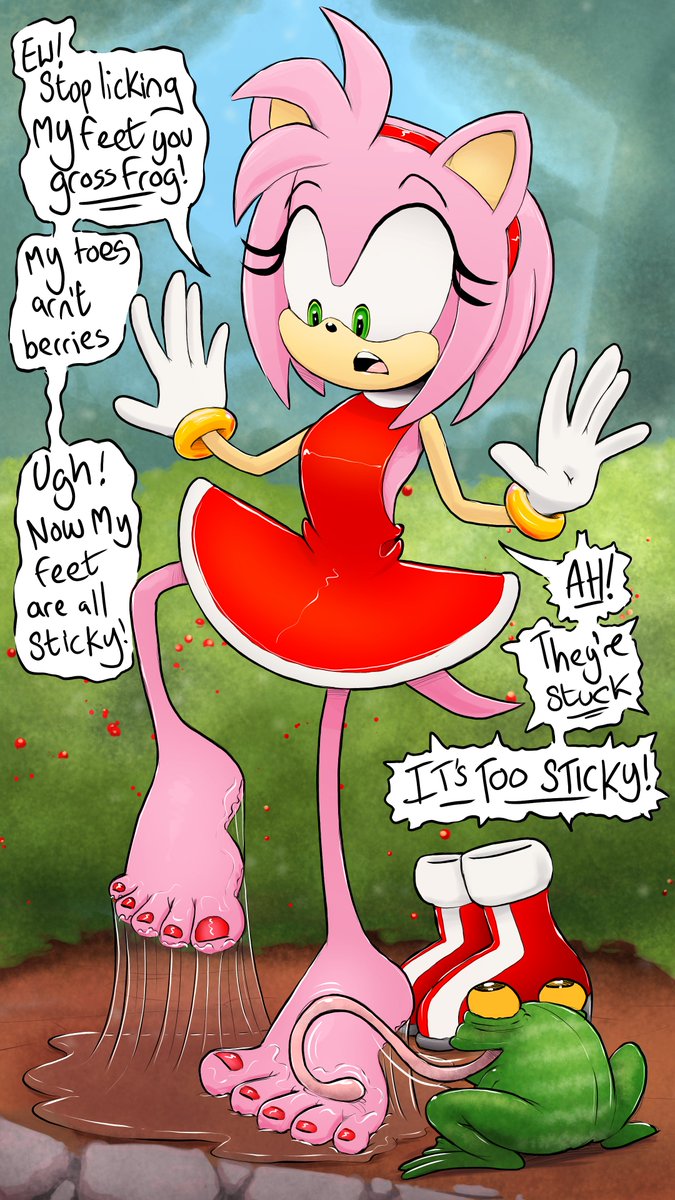 Ragadabah's tweet photo. Amy Rose just wanted to rest and soak her feet in a nice cool pond but this gross frog had to ruin her day and get  super sticky saliva all over her feet.

commission https://t.co/G6bRvr5UiT
