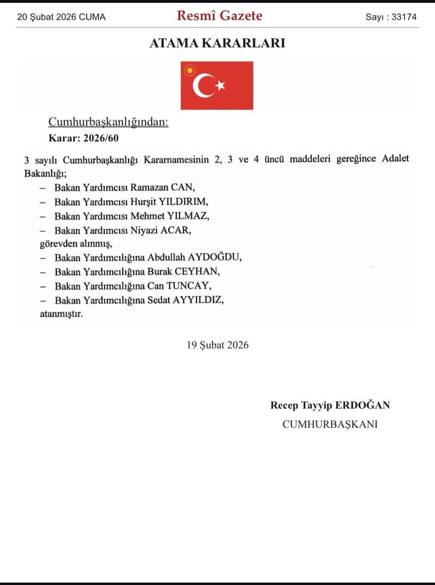 Cumhurbaşkanlığı Kararnamesi ile Adalet Bakan Yardımcılığı görevine atanan;

📌Sayın Abdullah Aydoğdu’ya,
📌Sayın Burak Ceyhan’a,
📌Sayın Can Tuncay’a ve 
📌Sayın Sedat Ayyıldız’a hayırlı olsun dileklerimizi iletiyoruz.