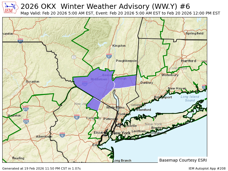 OKX continues Winter Weather Advisory valid at Feb 20, 5:00 AM EST