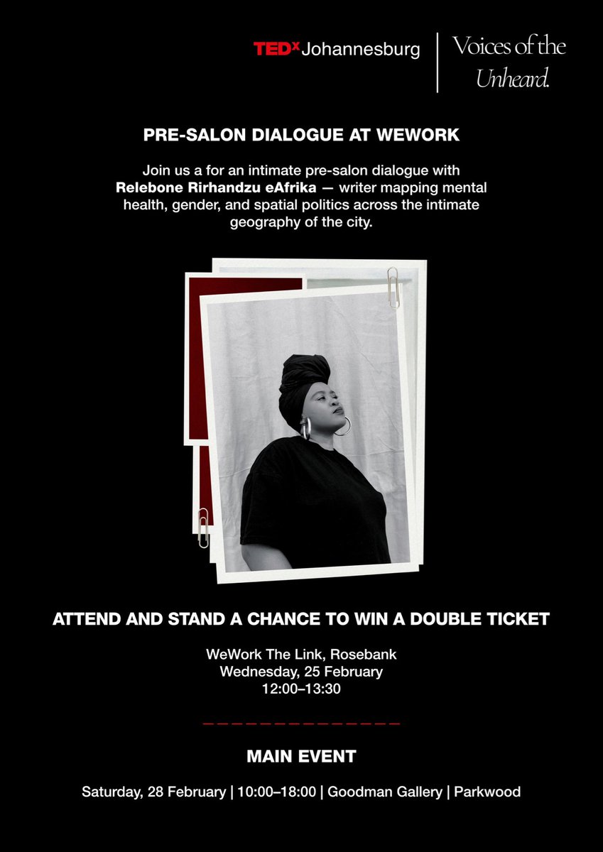 I’ll be at a pre-salon dialogue that’s a teaser for my upcoming talk at TEDx Johannesburg: Voices of the Unheard. It’s free! Please join us.

(Tickets for the main event happening Feb 28th are available at Quicket)