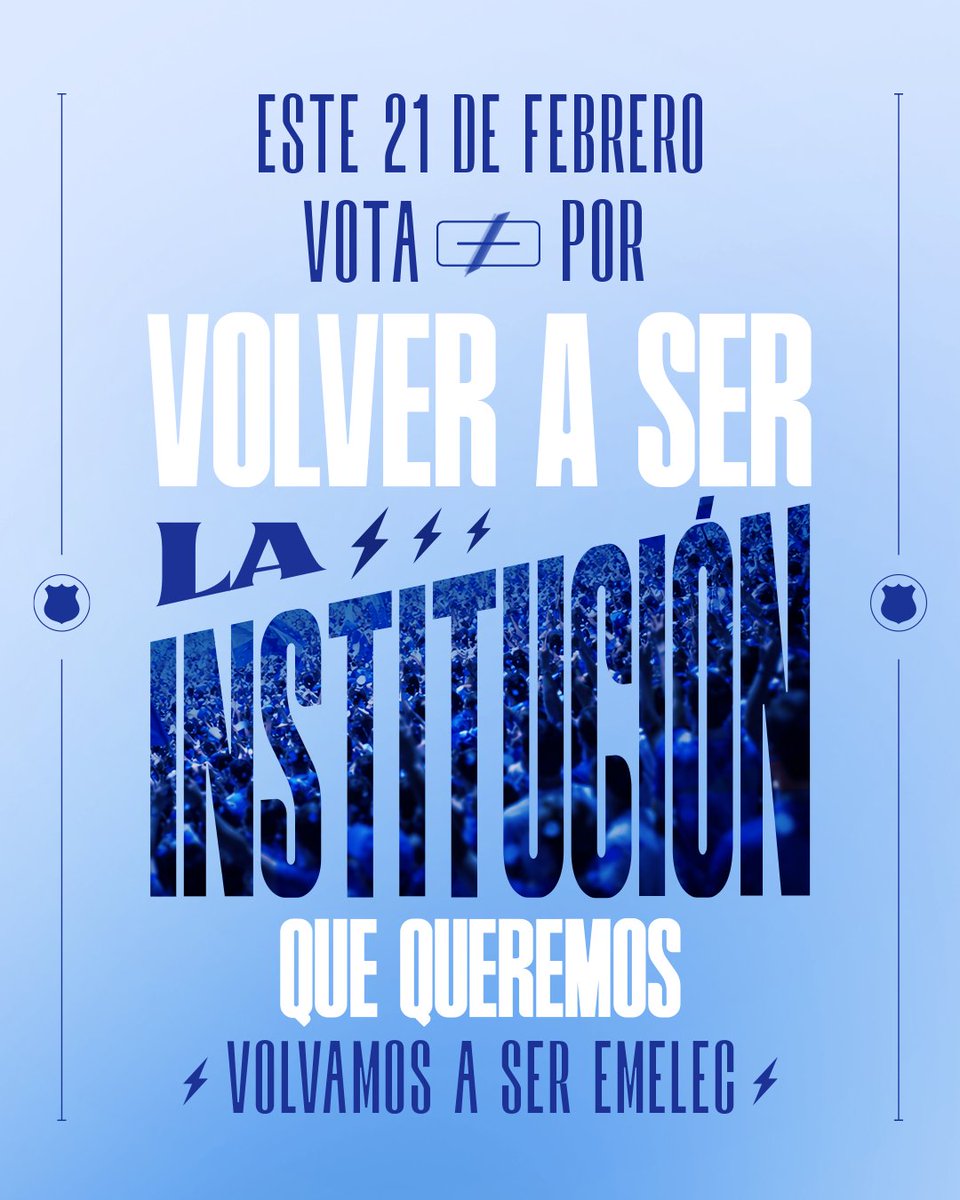 🎶 ¡Y ya lo ve! ¡Y ya lo ve! Es el equipo de Emelec 🎶
¡Es el equipo que nos necesita, ahora más que nunca!

Socio Azul, TU VOTO es determinante para poner al Bombillo donde debe estar. 🗳️✍🏻

Este 21 de febrero, VOTA por recuperar la institución.
⚡️💙🩶💙💡
#VolvamosASerEmelec