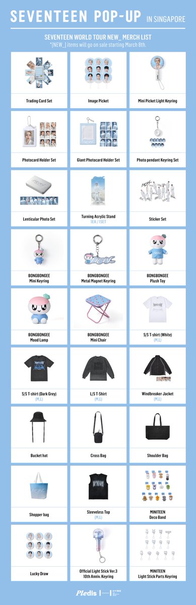 KPOPMERCH_POPUP's tweet image. SEVENTEEN GLOBAL POP-UP in SINGAPORE

📢 MERCH LIST

📅2026.02.27 (FRI) – 2026.03.15 (SUN)
⏰10:00 – 22:00 (SGT)
📍LEVEL 2, BUGIS+

*[NEW_] items will go on sale starting March 8th.

#세븐틴 #SEVENTEEN 
#SEVENTEEN #SEVENTEEN_GLOBAL_POP_UP