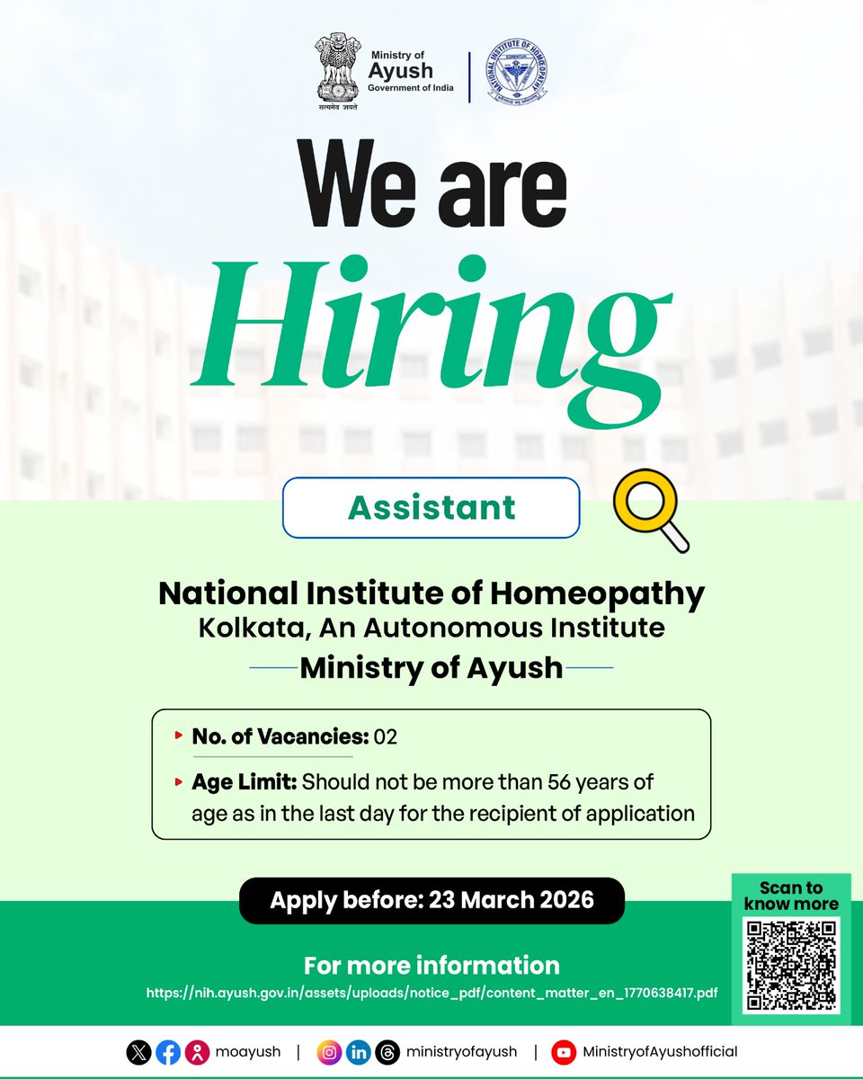 moayush's tweet image. The National Institute of Homeopathy, Ministry of Ayush is inviting applications for the post of #Assistant. To be considered, please complete your application process before 23 March 2026.

For more details: nih.ayush.gov.in/assets/uploads… 

#AyushJobs #GovernmentJobs2026 #Hiring