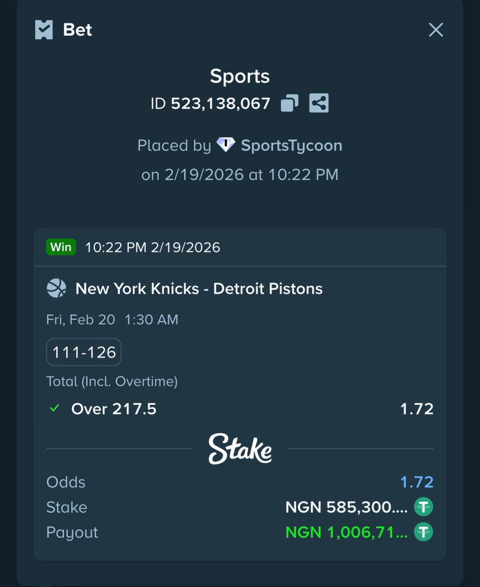 2 Odds combo won 
✨☘️🔥☘️✨🔥

 ₦1 Million Paid Out🧰  
     
   🚨Register STAKE here👇
stake.com/?c=STYCOON

Use Promo Code:STYCOON

💬 Send message to ‌ t.me/HillsExchange to guide/Assist you on how to fund your stake account
