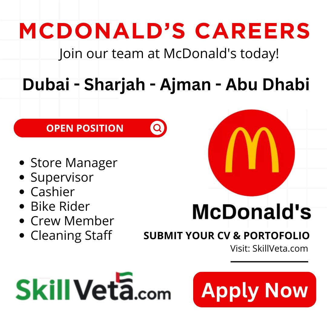 SkillVeta's tweet photo. 🍟 Start Your Career with McDonald's UAE – Hiring 2026!

Crew Members, Drivers &amp; Baristas across Dubai, Abu Dhabi &amp; Sharjah 🇦🇪

💰 Salary: AED 2,000 – 7,000

👉 Apply Now: https://t.co/pPuTo7gNr6
#McDonaldsCareersUAE #DubaiJobs2026 #McDonaldsDubai #HiringUAE https://t.co/w2z4Xdef3x