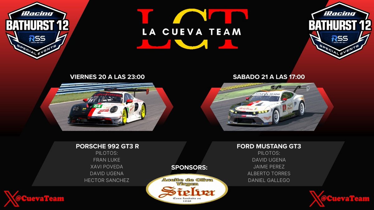 CuevaTeam's tweet photo. 📝Evento especial @iracing.
🌏12h Bathurst
🏎️ Gt3
📢 Nos hemos vuelto locos y estaremos esta noche a partir de las 22h con el Porsche, y mañana a las 15h con el Mustang.
A lo cocodrilo Dundee🐊 https://t.co/4GvVRPnZmz