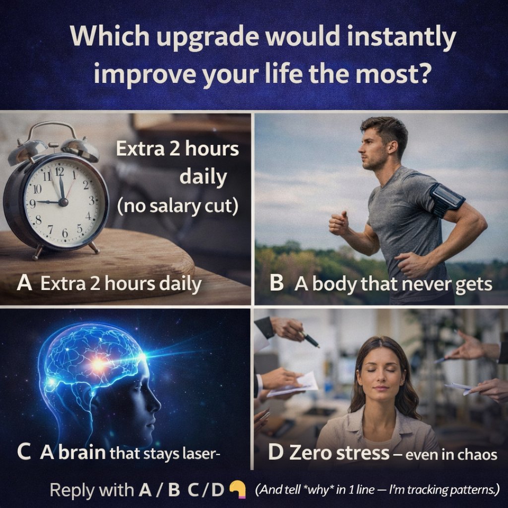 Which upgrade would instantly improve your life the most?

A) Extra 2 hours daily (no salary cut)

B) A body that never gets tired

C) A brain that stays laser-focused on command

D) Zero stress - even in chaos

Reply with A / B / C / D 👇
(And tell why in 1 line )

#Lifestyle