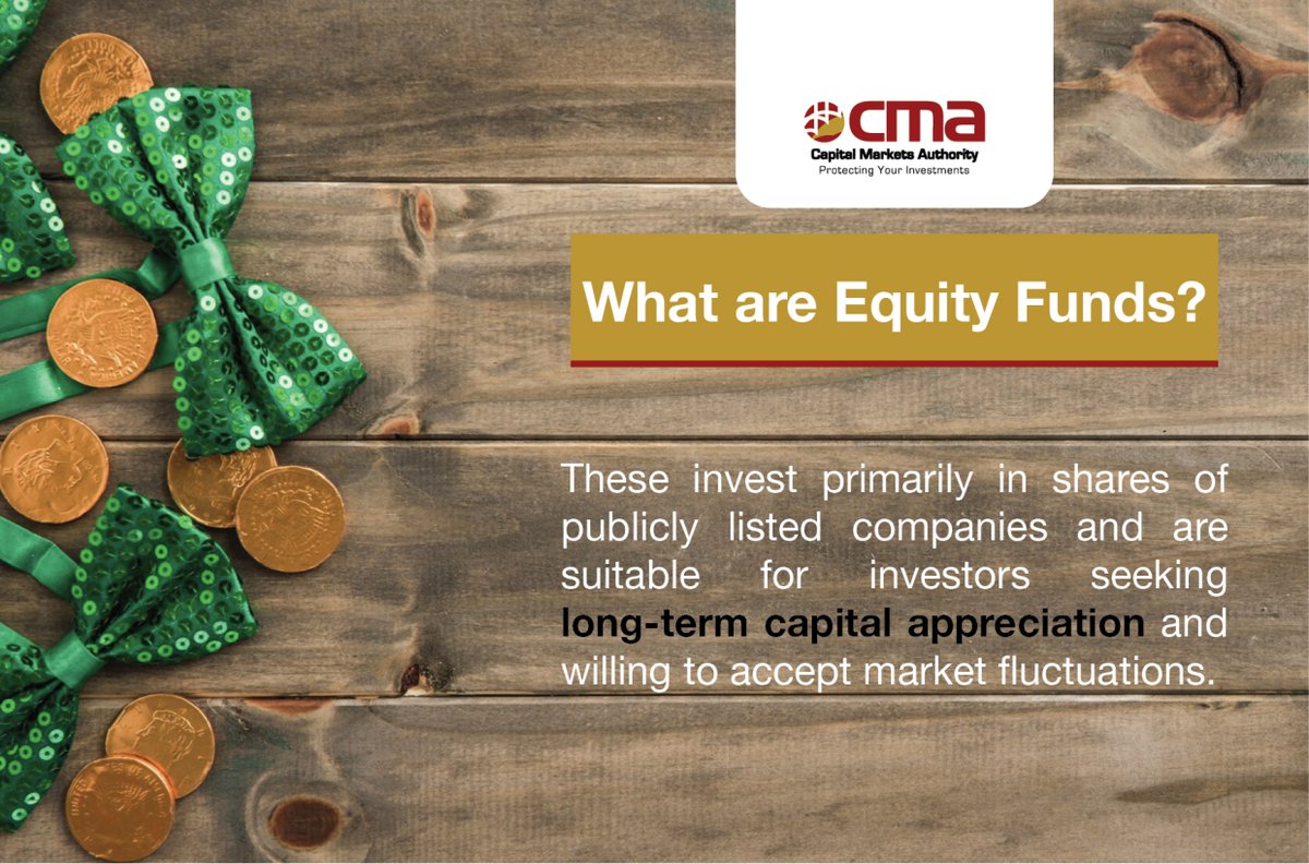 CmaUganda's tweet photo. Did you know?
Equity funds invest mainly in shares of publicly listed companies, allowing investors to participate in the growth of businesses over time. They are suitable for individuals seeking long-term capital growth and who are comfortable with market fluctuations.

At the Capital Markets Authority (CMA), we encourage investors to understand their risk appetite and investment goals before choosing equity funds, and to invest through licensed fund managers.
#Capitalmarkets #Publiceducation