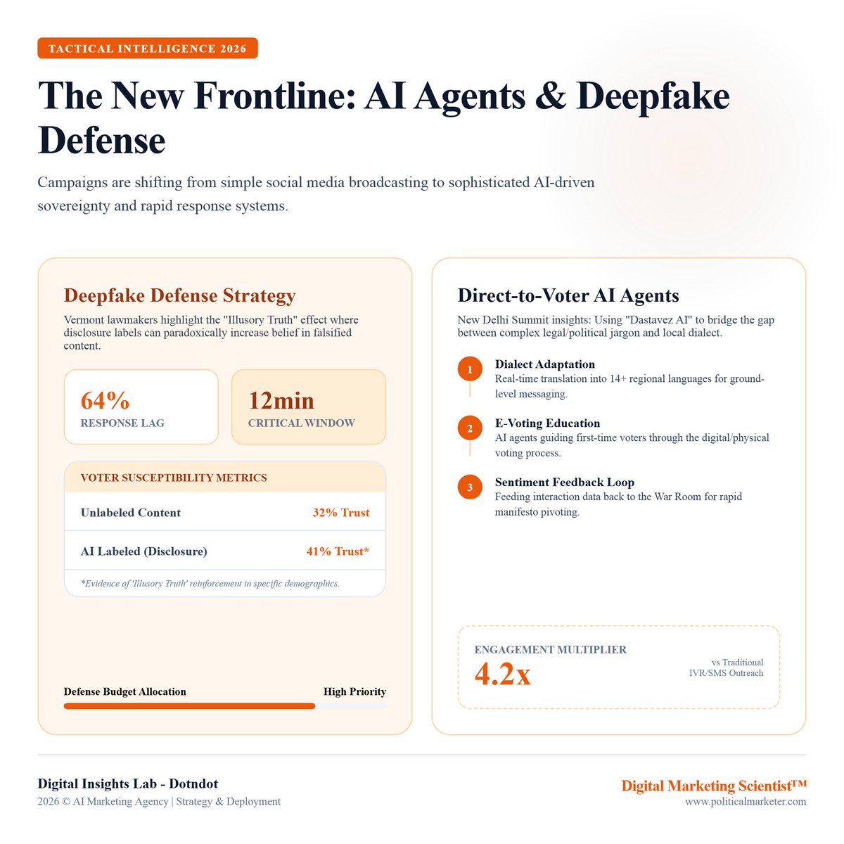 PoliMarketer's tweet image. 2026 campaigns are shifting to AI agents and deepfake defense.

• 12 min critical response window
• 64% response lag risk
• 4.2x engagement vs IVR SMS

The new frontline is AI driven rapid response.

#AIInPolitics #DeepfakeDefense #CampaignTech #Election2026 #AIAgents