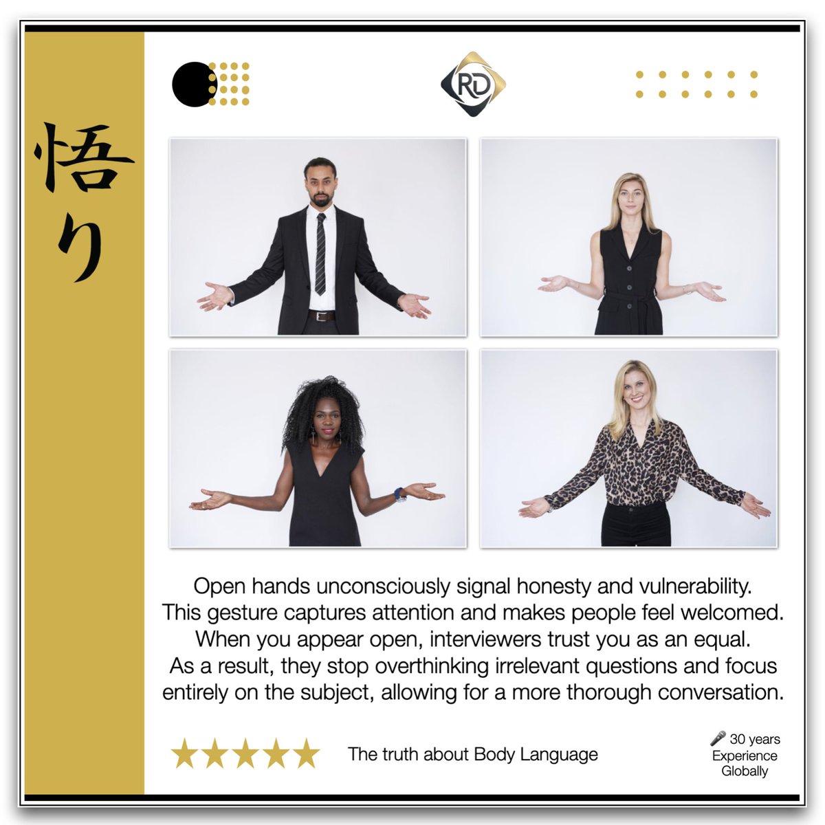 Rene_Deceuninck's tweet photo. ✅ OPEN ✅ INVITING ✅ FRIENDLY ✅ WELCOMING
⚜️ Are you sending out "Inviting open hand signals"?
✅ #NonverbalCommunication is +90% of all communication!
...
#RDGlobal #renedeceuninck #thehouseofbodylanguage https://t.co/ttmAOPSC6a