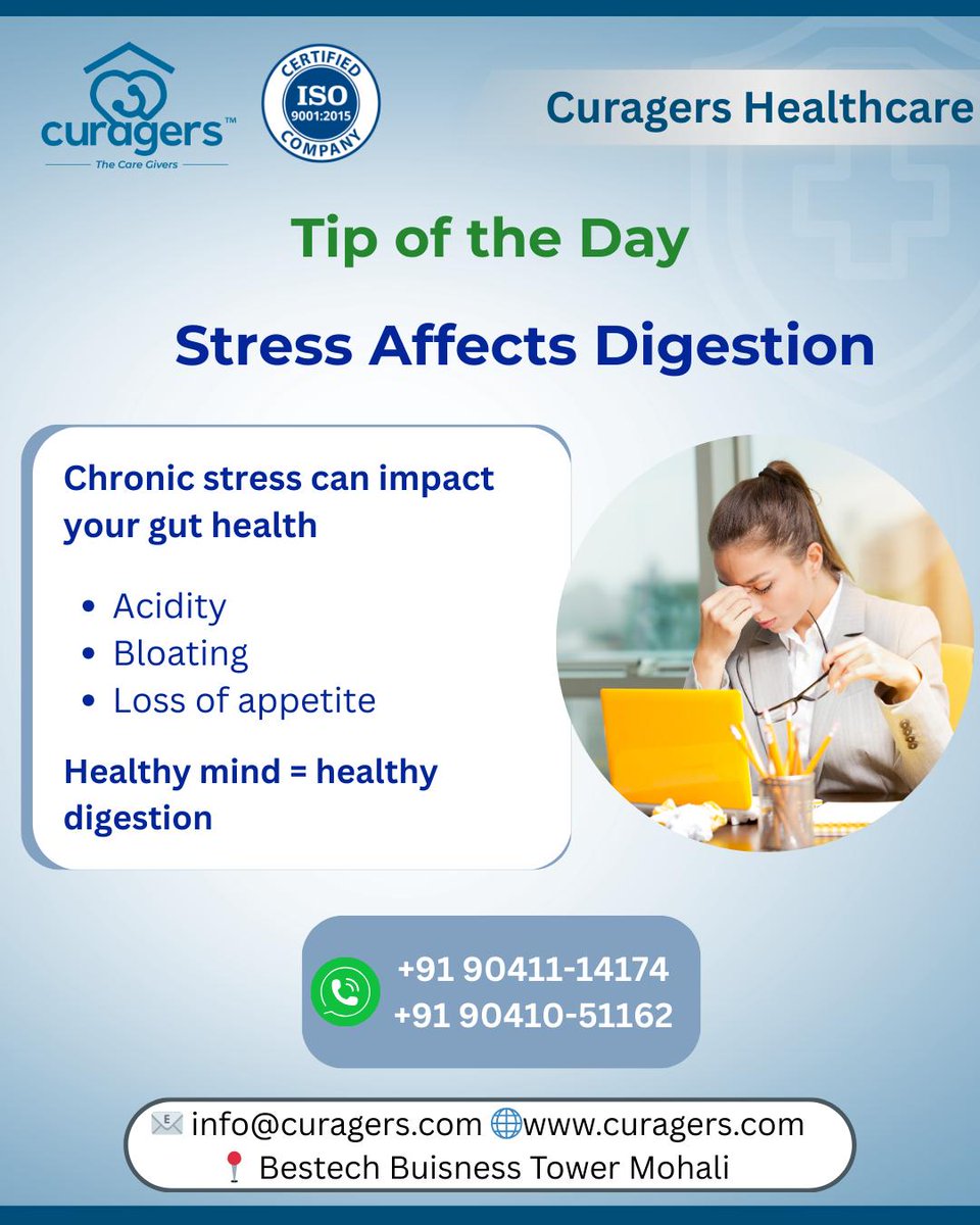 CuragersHealth's tweet image. Stress affects digestion 🧠➡️🫃
Chronic stress may cause acidity, bloating &amp;amp; appetite loss.
Healthy mind = healthy digestion 💙

📞 +91 90411 14174 | +91 90410 51162
🌐 curagers.com

#HealthTip #Curagers #StressManagement #GutHealth #Wellness