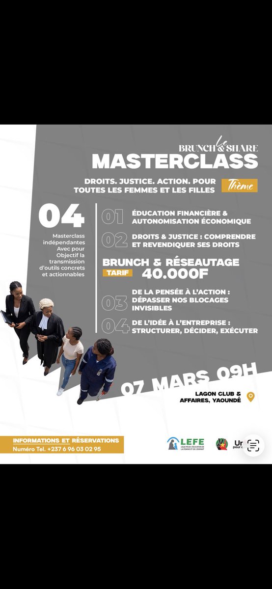 Bonjooour 🥰 Cette année on passe à l’action ✨ Pas de talks de partage mais des masterclass pour OUTILLER ! On vous attends le samedi 07 mars à Yaoundé, au Lagon Club et Affaires.
Prenez vite vos tickets : 40 000 brunch, réseautage &amp; 4 masterclass de qualité: +237 6 96 03 02 95