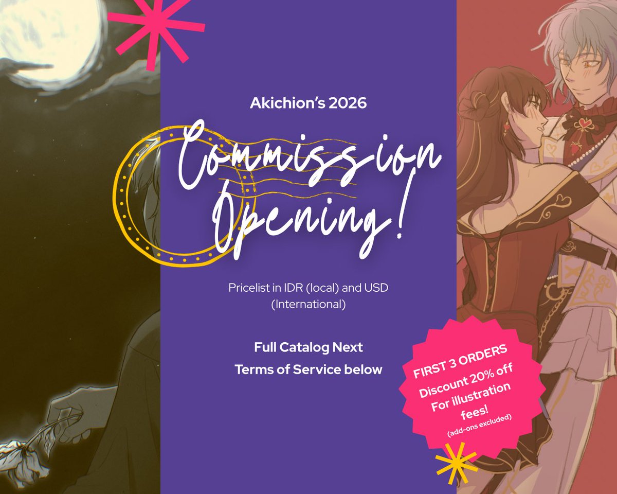 akichion's tweet photo. [ #opencommission ]

My art comms is finally open for local and international! Opening for 5 slots with special discount for the first 3 orders~

ToS on thread 🧵 
Or read full info on
→ https://t.co/3wyht8XqZk
→ https://t.co/GlwfZBf4Vi https://t.co/Yhi0vQSb8g