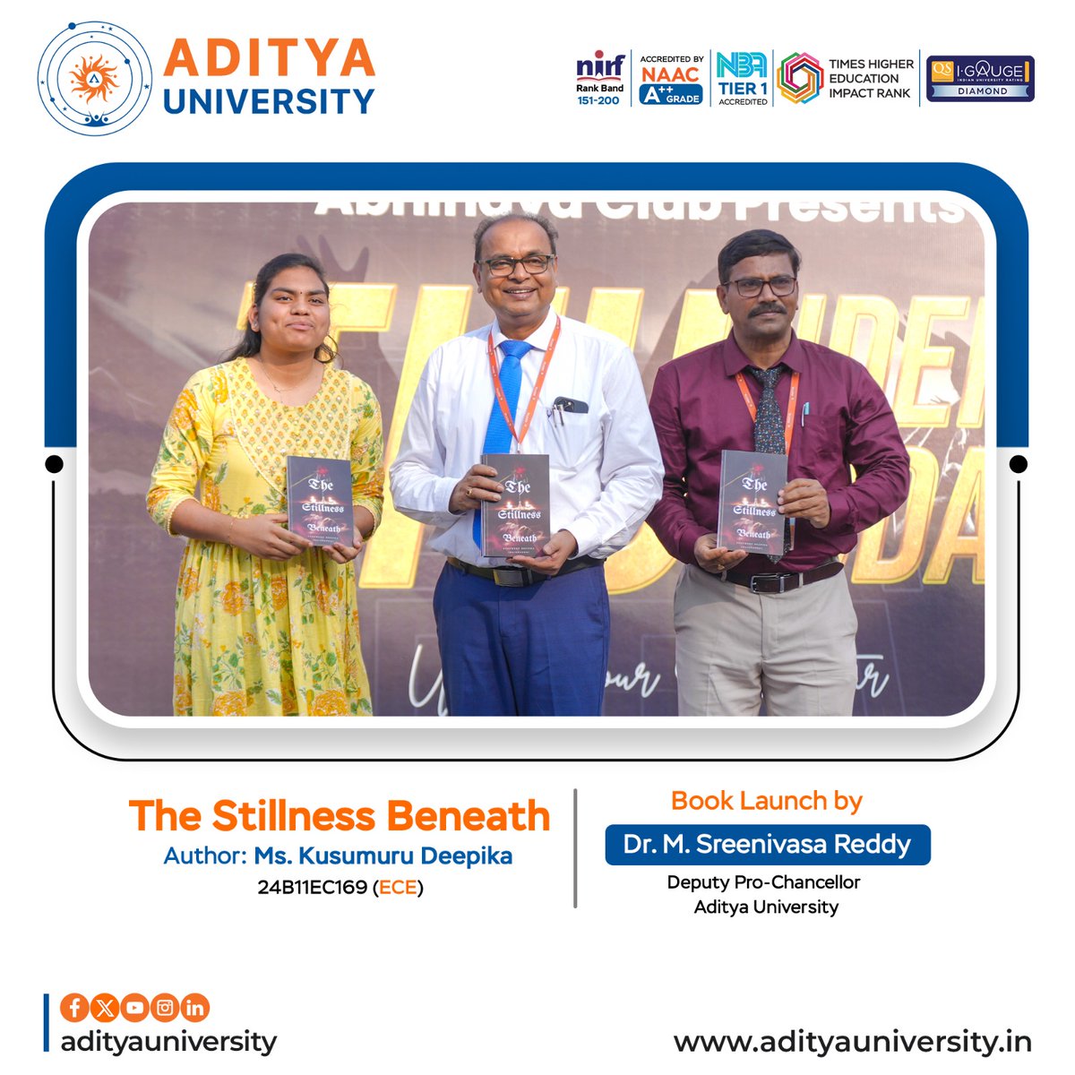 srmedapati's tweet photo. Heartfelt congratulations to our talented student, Ms. Kusumuru Deepika (24B11EC169 – ECE), on the successful launch of her book “The Stillness Beneath.” I appreciate Deepika’s dedication and passion for writing, and I wish her great success in all her future endeavors. https://t.co/IkRbTqncRT