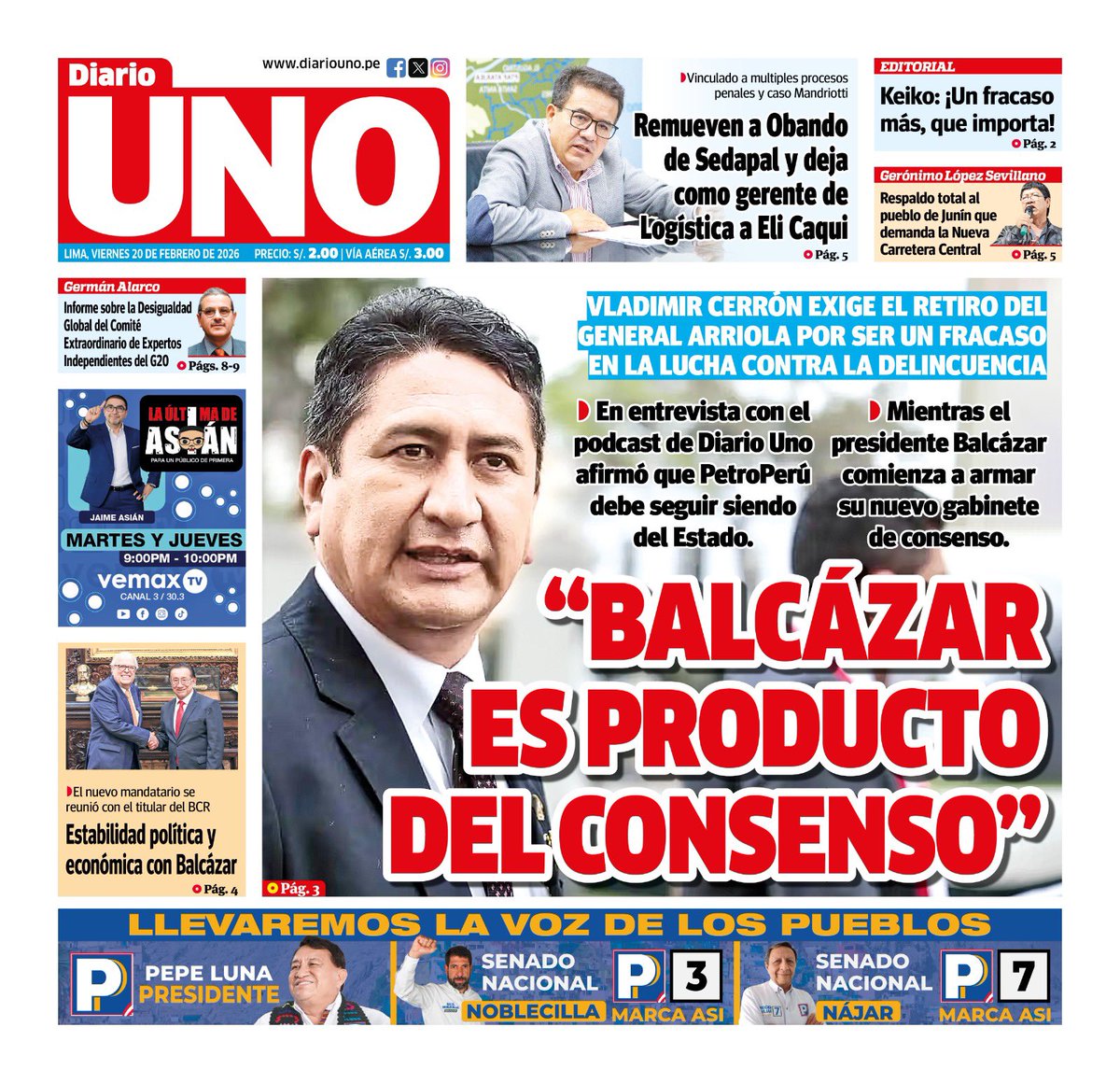 🗞️ Compartimos con ustedes la portada de Diario UNO del viernes 20 de febrero de 2026
