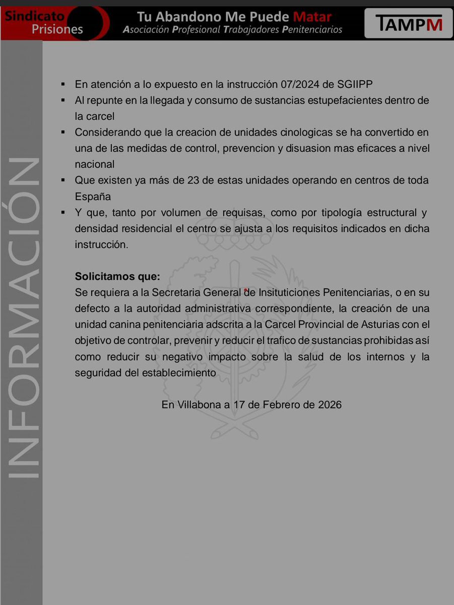 ⬛🟥TAMPM ASTURIAS🟥⬛
📣 Documento registrado en <a href="/IIPPGob/">Instituciones Penitenciarias</a> solicitando una unidad cinologica en #sosprisiones #Asturias