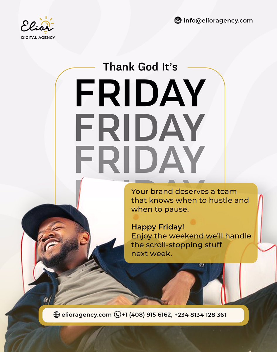 EliorDigital's tweet photo. TGIF….
Unlike brands that ghost, we’re just stepping away for two days.
Back Monday, fully charged, ready to make you
#EliorAgency #TGIF #ProfessionalRelaxer #FromInvisibleToInDemand #BrandGlowUp #T20WorldCup https://t.co/qs79eplXCT