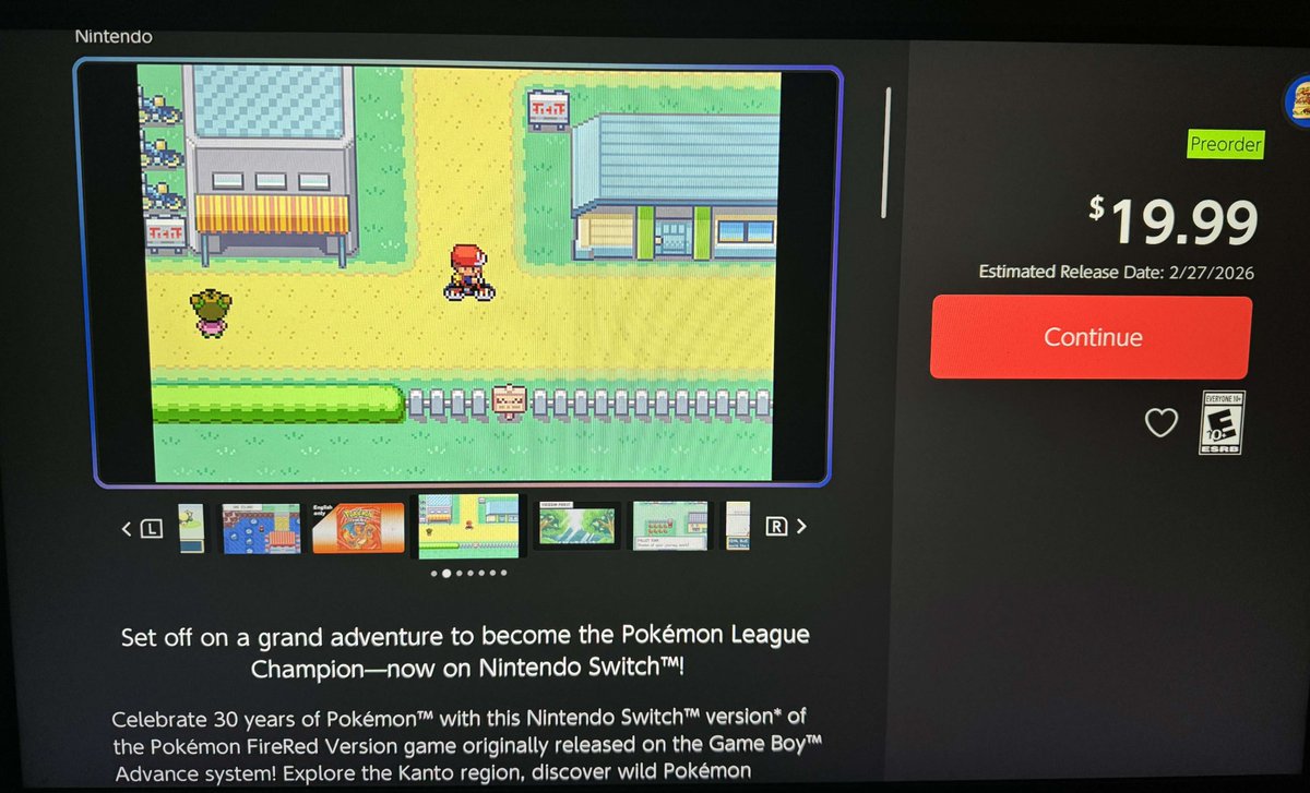 Wario64's tweet image. Pokemon FireRed/LeafGreen coming to Switch on Feb 27th ($19.99 each). Listed on Switch eShop in coming soon section