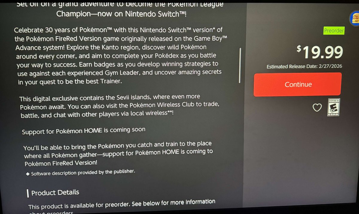Wario64's tweet image. Pokemon FireRed/LeafGreen coming to Switch on Feb 27th ($19.99 each). Listed on Switch eShop in coming soon section
