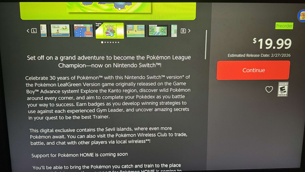 Pokemon FireRed/LeafGreen coming to Switch on Feb 27th ($19.99 each). Listed on Switch eShop in coming soon section