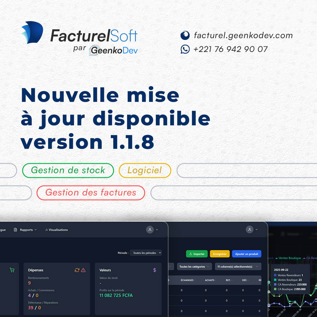 GeenkoDev's tweet photo. 🗣️ Nouvelle version disponible ! 🥳
Nous continuons d’améliorer votre expérience avec Facturel Soft.
Découvrez les nouveautés :
✅ Service Cloud optimisé...
Merci pour votre confiance 🤝
📞 WhatsApp : +221 76 942 90 07
📩 Email : info@geenkodev.com
🌐 https://t.co/2S3niARhFl https://t.co/kQztD6uOOv
