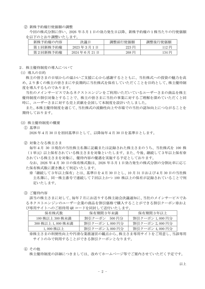 【優待新設】441A Ｇ－ＮＥ
ＮＥ(441A)が株主優待制度を新設！✨毎年4月末に100株以上で、自社関連サービスの利用企業商品に使える割引クーポン(500円分～)を贈呈🎁長期保有で額面増額も⤴️同日発表の1:2株式分割後の株数基準で判定されます📝

19labo.com/yt_detail?code…