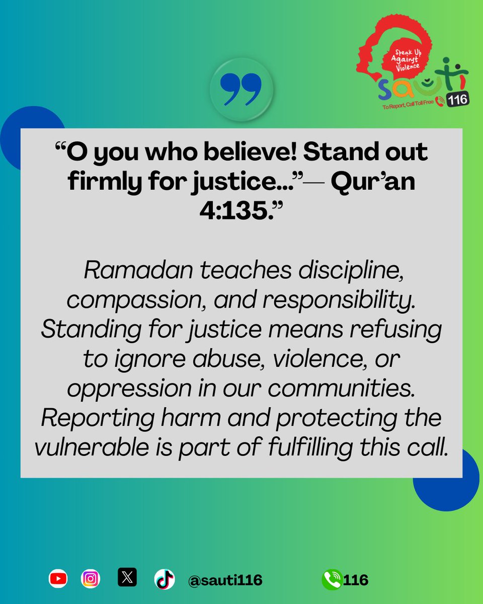 sauti116's tweet image. Ramadan calls us to stand firmly for justice. 🌙 Protect the vulnerable. Speak up against abuse. Report harm.
Justice is part of our faith.
Sauti 116 Helpline Uganda
@Mglsd_UG 
#StandForJustice #Ramadan #Sauti116 #ProtectTheVulnerable