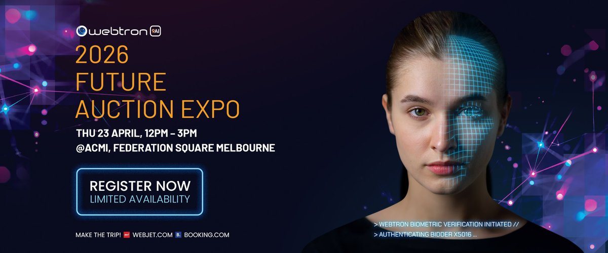 Webtron's tweet photo. The 2026 Future Auction Expo 📌is April 23 April at the amazing ACMI Theatre in Federation Square Melbourne.auctioneers to gather at demystify Ai, VR , Auction Robotics, Biometrics &amp; much more! #auctionhouse #auctioneer #auctionnews #auctiontech #webtron 👉https://t.co/TzCnzxhSiC https://t.co/dqH0oNFVWc