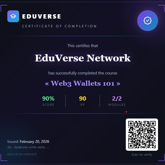 🚨 CERTIFICATES ARE LIVE <a href="/EduverseNetwork/">EduVerse 📚 (Testnet Live)</a>! 🚨

Complete «Web3 Wallets 101» (or any course) → Earn a scannable, shareable cert with your score, XP, modules &amp; QR verification.

Fully implemented today - scan to see all details! 

This is live NOW in the app (Web2 style for