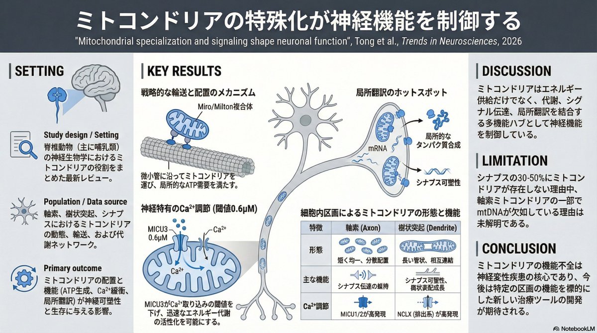 thmonk_pf's tweet image. 特殊化したneruonal mitochondriaについての総説

局所ATP供給/Ca2+制御/神経伝達物質代謝に加えmRNA輸送と局所蛋白質合成のhub

軸索mitの一部はmtDNA欠損でATP消費型、神経細胞特異的MICU3が低閾値Ca2+取り込みを実現するなど神経機能に最適化

OA

#mitochondria 
#papers 
cell.com/trends/neurosc…