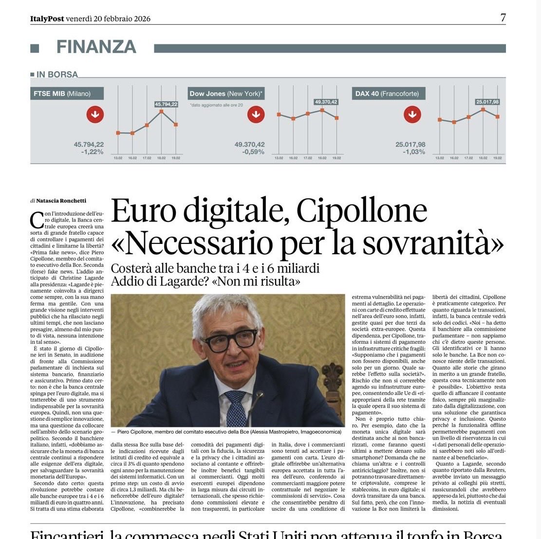 Ieri, nella commissione parlamentare  di inchiesta sulle banche da me presieduta, il dott. Piero Cipollone, componente italiano nel board della BCE, ha spiegato la necessità dell’euro digitale anche per la nostra sovranità strategica.