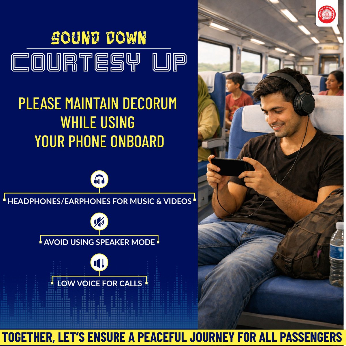 SWRRLY's tweet photo. South Western Railway urges its passengers to be considerate while using mobile phones on trains.  
#ResponsibleRailYatri https://t.co/RxWJmCaej2
