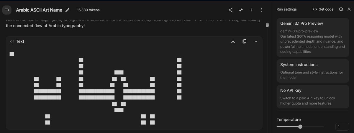 Elagizy's tweet photo. I was playing with Gemini 3.1 Pro on Google AI Studio, and I've to say that this model is easily the best model out there, even better than Opus 4.6.

Also this is the only model that managed to successfully create Arabic ASCII art for my name "إيهاب" https://t.co/mLVYxu40AB