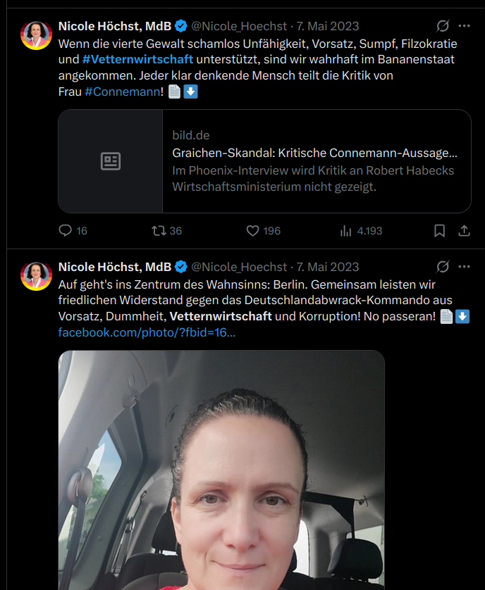 <a href="/Nicole_Hoechst/">Nicole Höchst, MdB</a> Frau <a href="/Nicole_Hoechst/">Nicole Höchst, MdB</a> Soweit bekannt, waren es AfD-Mitglieder selbst, die sich an die Presse gewandt und interne Missstände kritisiert haben.
Warum schweigen sie darüber"Fracksausen" oder "Doppelmoral"?