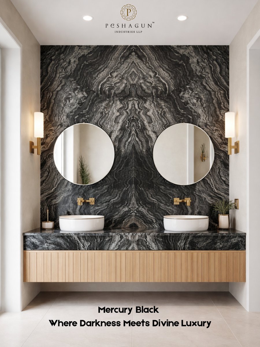 Elevate your interiors with the bold beauty of Mercury Black. ✨A signature creation by Peshagun Industries, designed to transform everyday spaces into timeless expressions of luxury and strength. 

#peshagunindustries #mercuryblack #luxuryinteriors #marbledesign #quartziteslabs