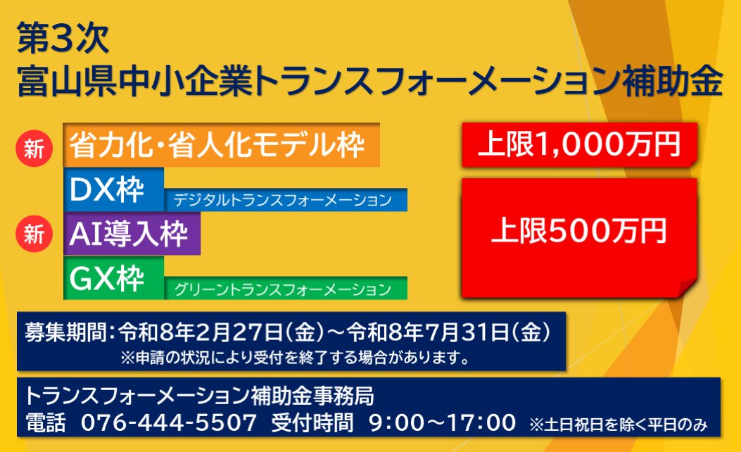 第3次 富山県中小企業トランスフォーメーション補助金」募集のご案内