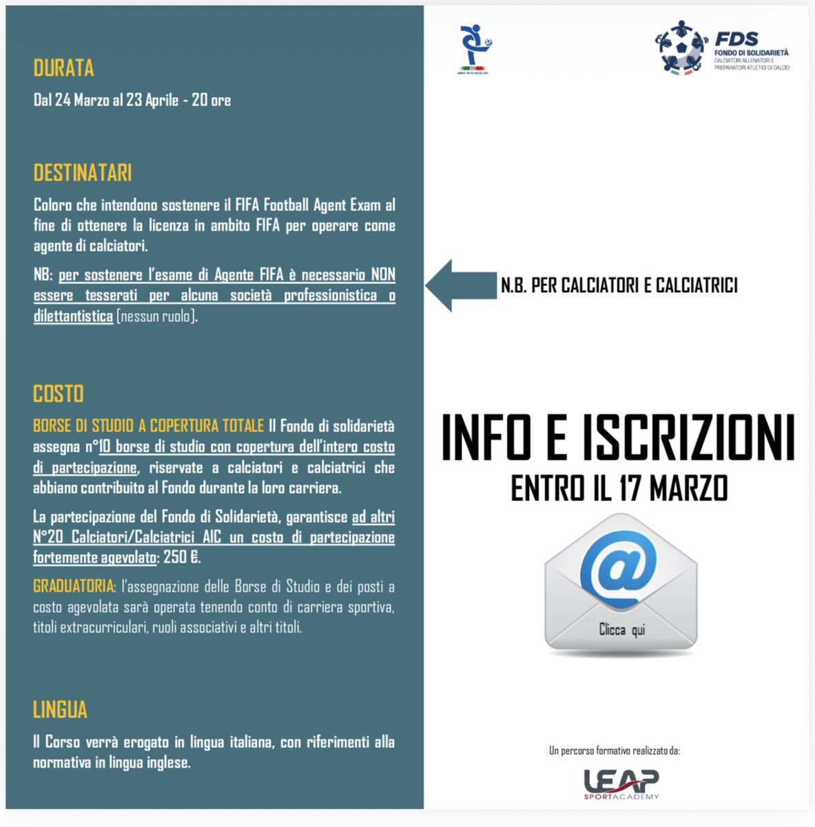 📌Un percorso formativo per supportare la transizione di carriera di atleti e atlete pro, organizzato da AIC e Fondo di Solidarietà in collaborazione con Leap Sportacademy.
 
🗓️Dal 24 marzo al 23 aprile

➡️formazione@assocalciatori.it