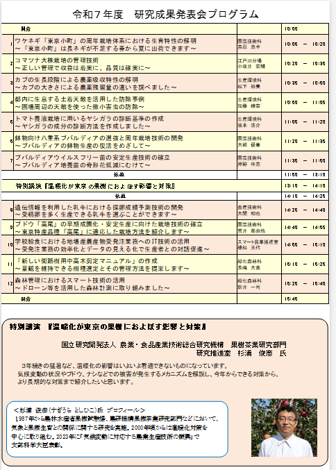 🌈【農総研】研究成果発表会開催のお知らせ‼️
７年ぶりに午前、午後を通して最新の試験研究成果12課題を発表します。また農研機構より講師をお招きして温暖化🌏に関する特別講演も行います。詳細はHP（tokyo-aff.or.jp/site/center/10…）をご覧ください。

#研究成果　#農総研 　#研究企画室