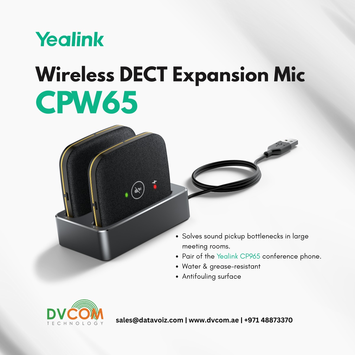 DvcomTechnology's tweet image. Large meeting rooms shouldn’t have audio blind spots

The #Yealink CPW65 Wireless DECT Expansion Mic ensures clear 360-degree coverage, so every voice is heard. Upgrade your meetings with #DVCOM Technology.
sales@datavoiz.com
+971 4 887 3370

#Yealink #DVCOMTechnology #AVSolution