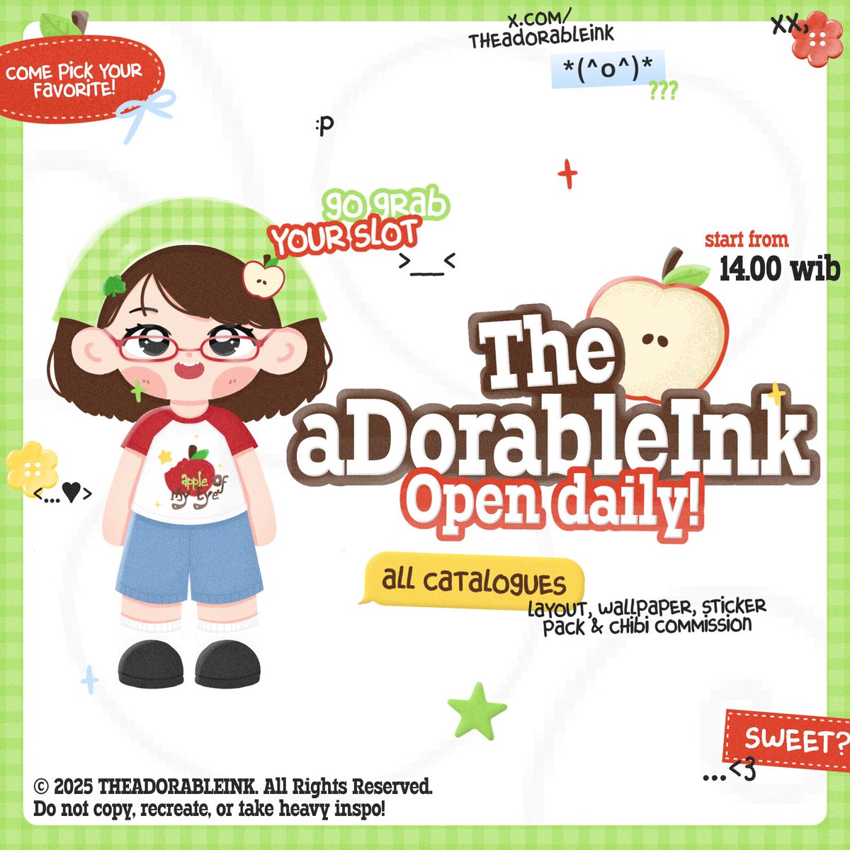 help repost please? thank youuu. ♥︎

𓂃 ׁ ⓘ 🍎 : halo, teman-teman! THEADORABLEINK open daily untuk semua katalog — scroll up
for the details, ya! :3

💬 : start from 14.00 WIB
🏡 : order by DM &amp; chat Telegram

tag, #zonauang.