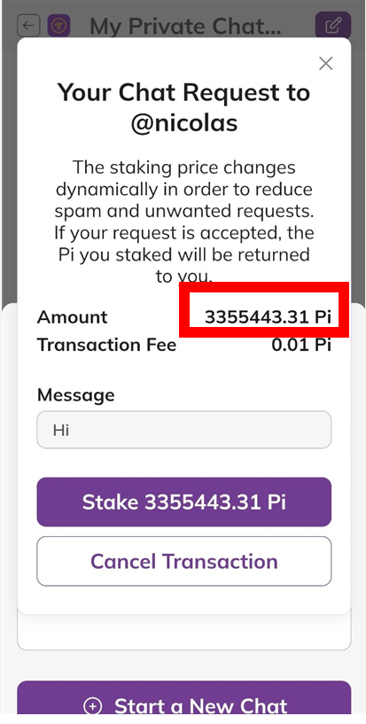 Koreanteacher1's tweet photo. To send a personal DM to Nicolas, you must stake 3,355,443 Pi. If he does not accept your message, you will not be able to get this Pi back. At current market prices, that is equivalent to a value of $590,557 USD.
#Pi #PiNetwork #Picoin #파이 #파이코인 #PIDM https://t.co/hS06YF1EH9