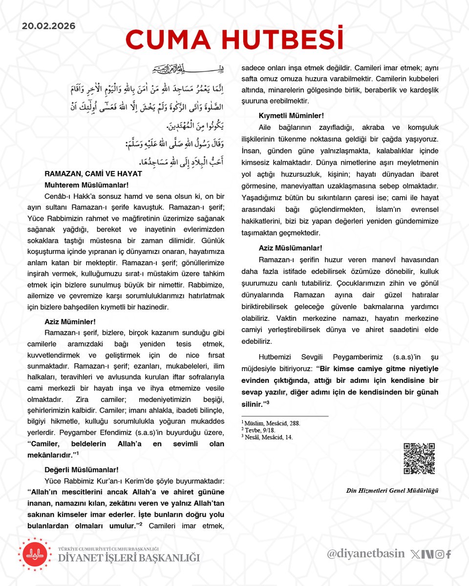 Cuma Hutbesi: Ramazan, Cami ve Hayat

diyanet.gov.tr/tr-TR/Kurumsal…