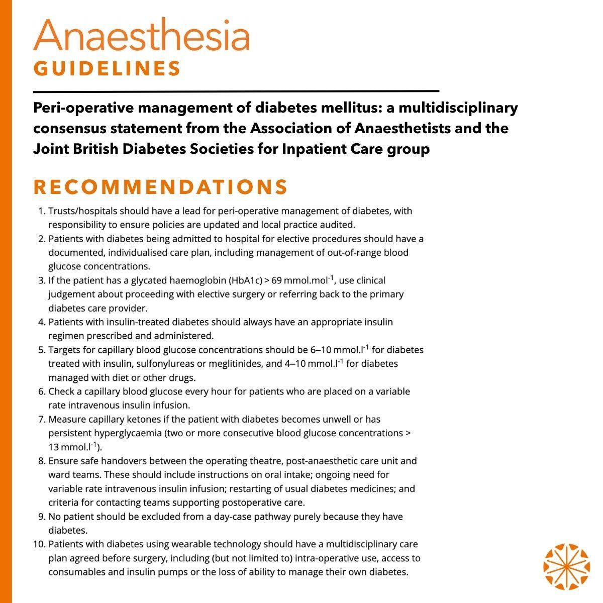 Peri-operative management of diabetes mellitus: a multidisciplinary consensus statement from the Association of Anaesthetists and the Joint British Diabetes Societies for Inpatient Care group

<a href="/nicholasalevy/">Nicholas Levy</a> <a href="/elboghdadly/">Kariem</a> <a href="/DL08OMD/">Dileep Lobo</a> @djramsaystubbs <a href="/padoscan/">Pádraig Ó Scanaill</a> <a href="/gasorrun/">Kim Russon</a>