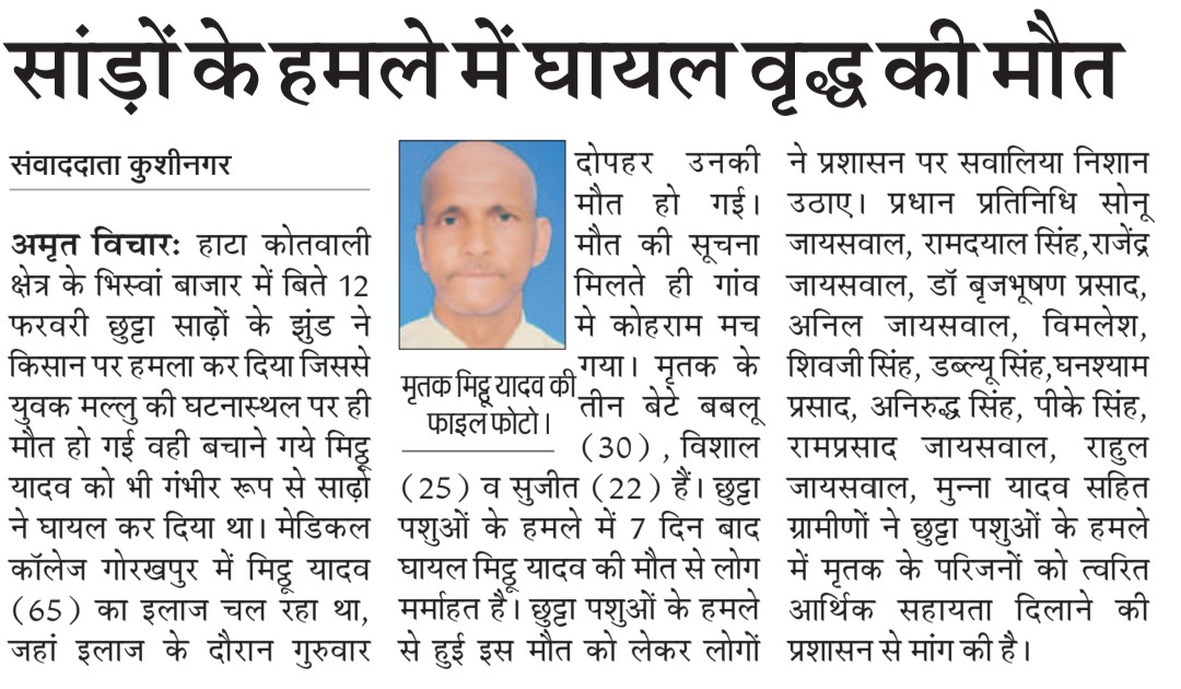 साड़ो के हमले में गंभीर रूप से घायल मिट्ठू यादव की मेडिकल कॉलेज गोरखपुर में इलाज के दौरान सात दिन बाद दुखद मौत, जबकि मल्लु प्रजापति की बीते 12 फरवरी को घटनास्थल पर ही मौत हो गई थी। मौत की सूचना मिलते हैं परिजनों और ग्रामीणों में फिर एक बार शोक की लहर फैल गई <a href="/dm_kushinagar/">DM Kushinagar</a>