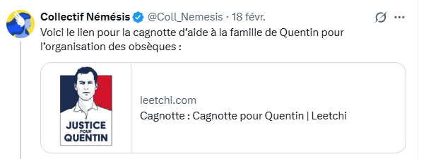 p_duval's tweet image. Le @Coll_Nemesis  a partagé une cagnotte destinée à la famille de Quentin. Cela peut se comprendre.
Cependant, en examinant le détail, on constate que la collecte vise aussi à financer les frais liés à la marche prévue samedi.
La cagnotte est gérée par Aliette Espieux, ancienne